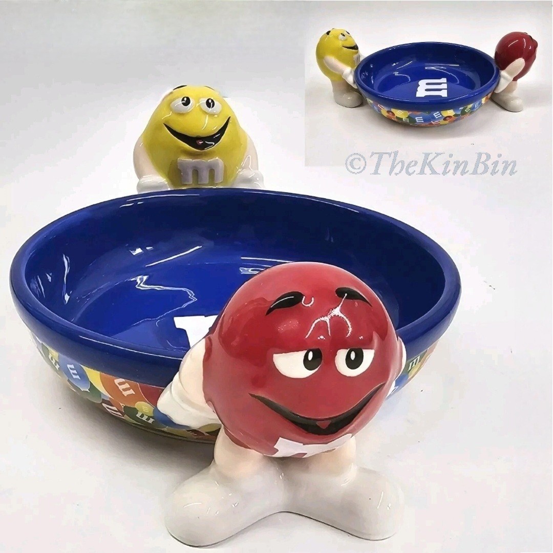 Rare M&M\'s Red And Yellow Buddies Blue Ceramic Candy Dish Collectible Mars 2008