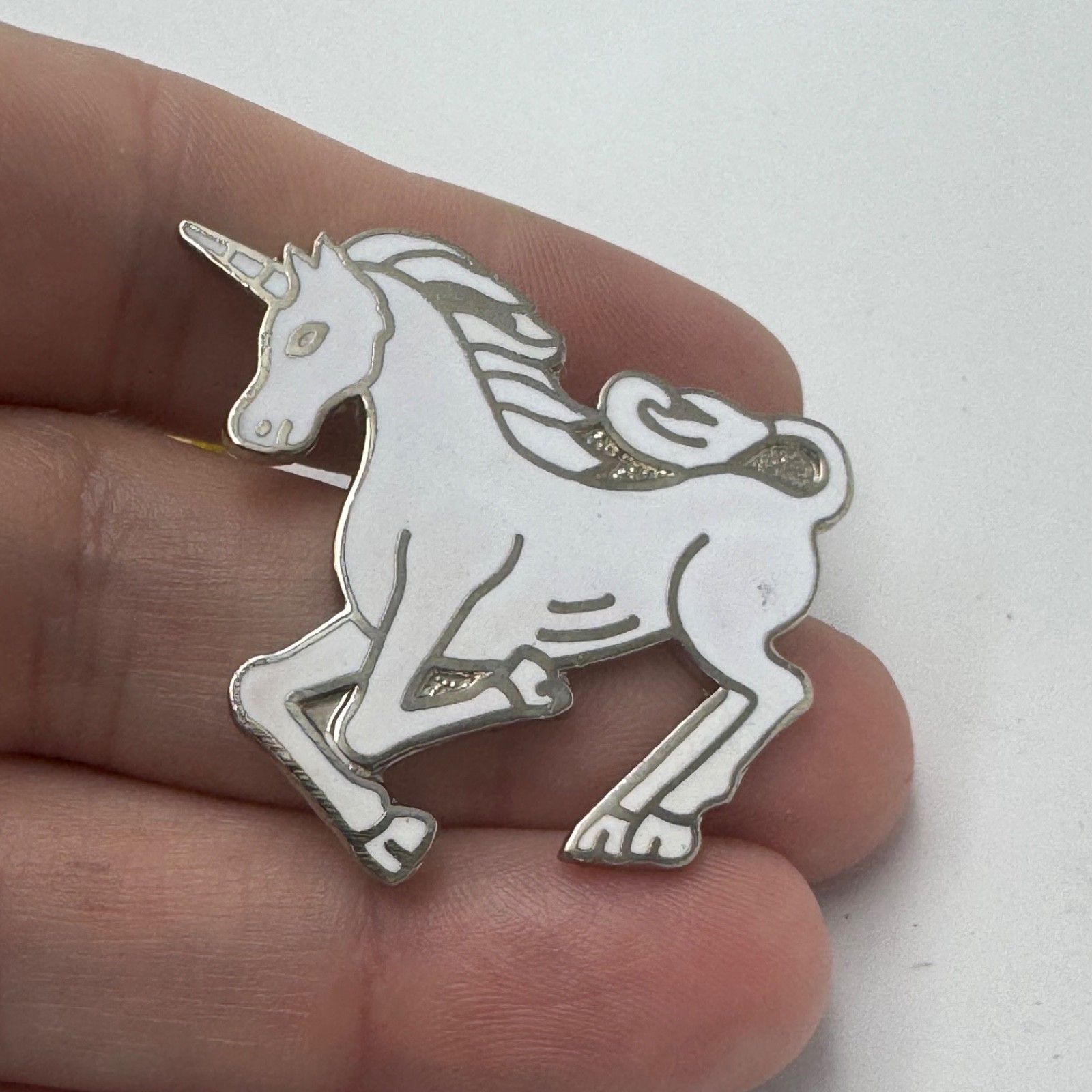 Large White Unicorn Lapel Pin Enamel Fantasy Horse Magical Creature Vintage