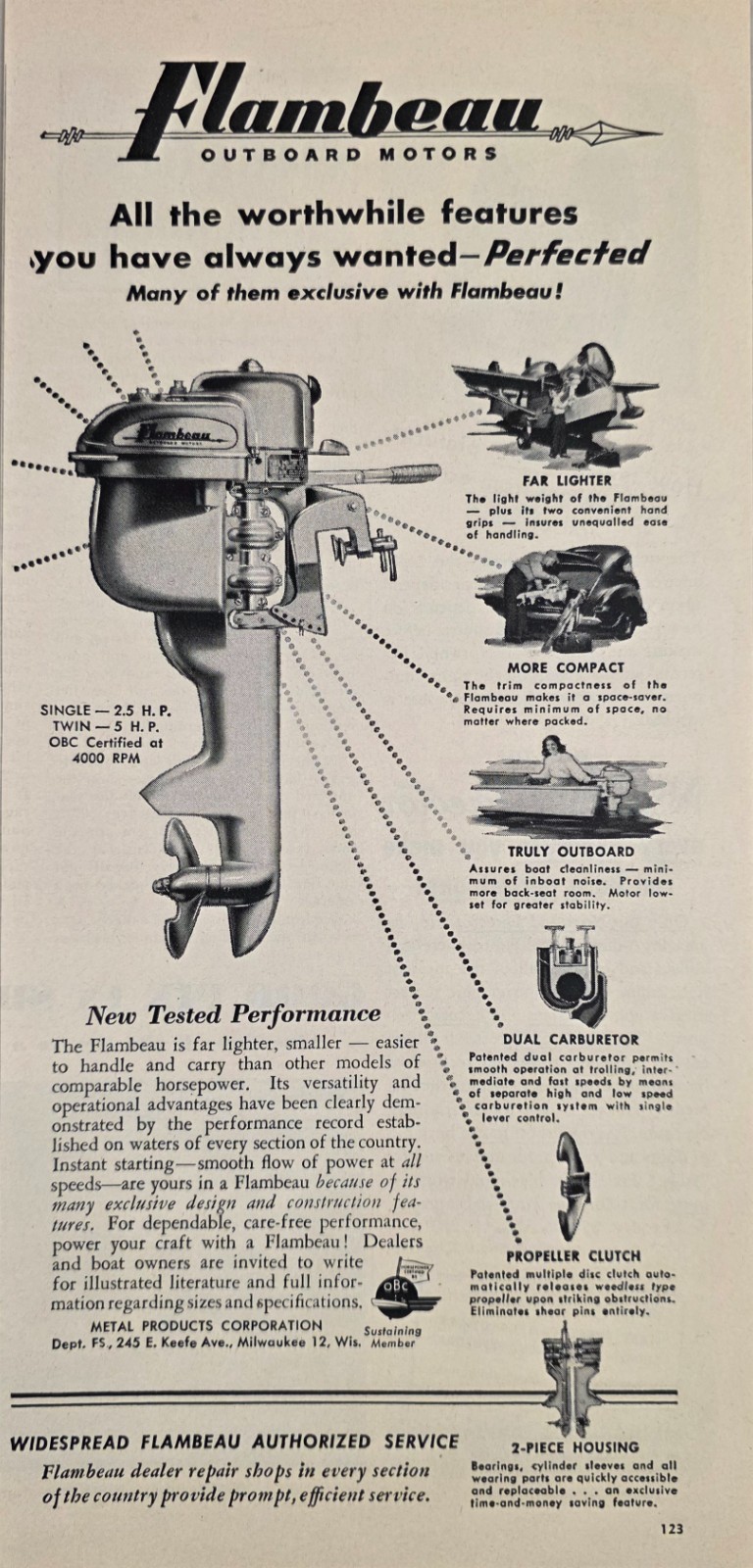 1948 Print Ad Flambeau Single & Twin Outboard Motors Metal Prod. Milwaukee,WI