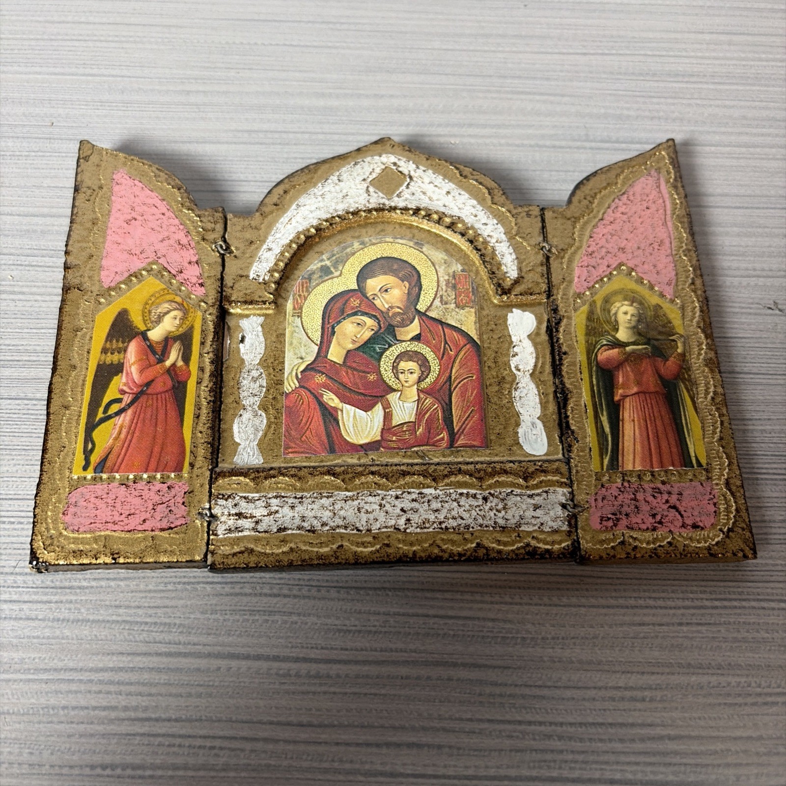 Vtg Italian Florentine Triptych Gold Wood Panel Holy Trinity Jesus Christ 1800s Vtg Italian Florentine Triptych Gold Wood Panel Holy Trinity Jesus Christ 1800s