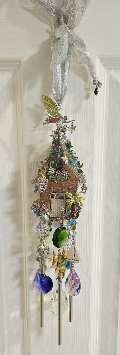 Kirks Folly Enamel Summer Fairy House Crystal Windchime Silver Tone