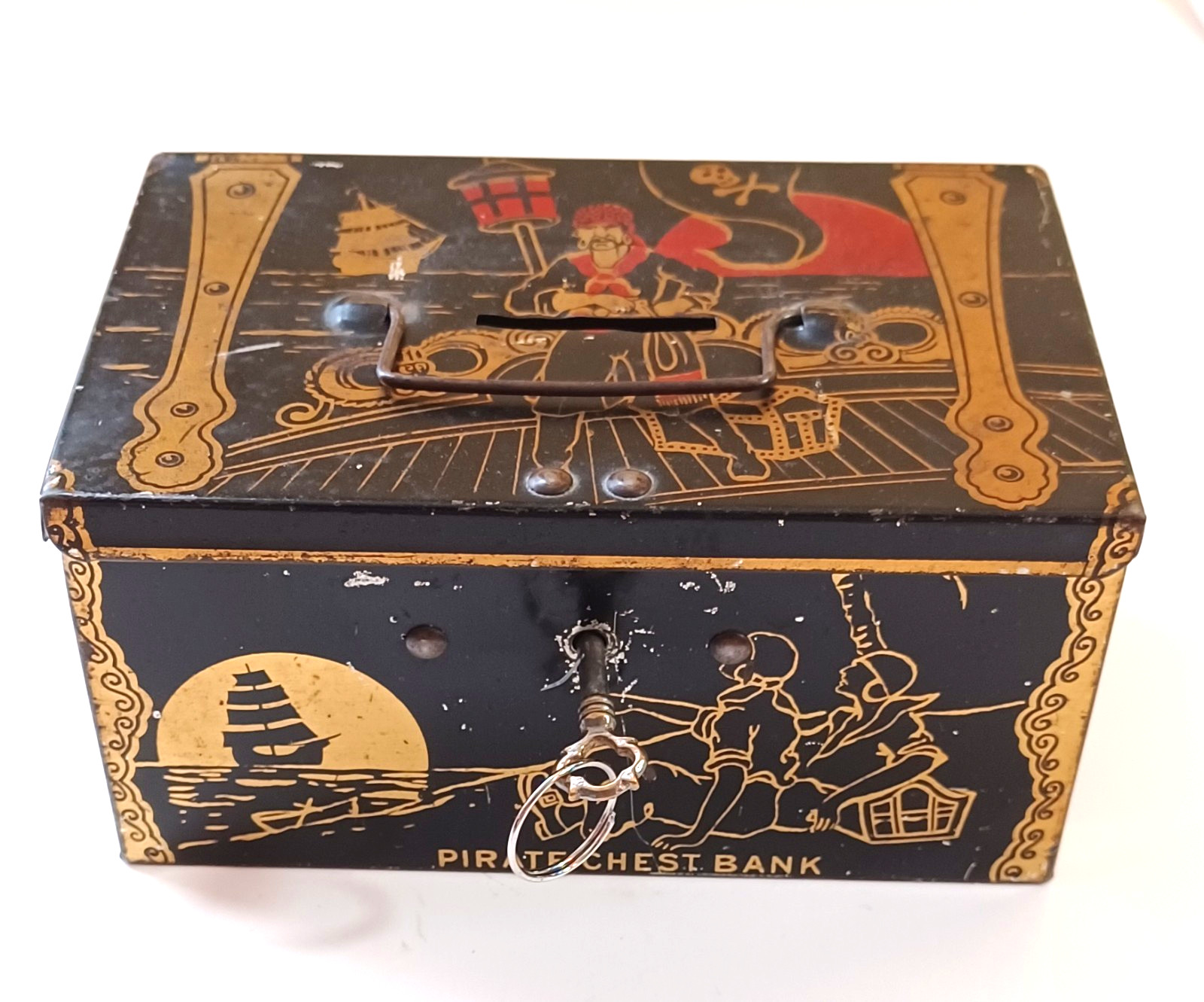 PRE-1935 TINDECO PIRATE CHEST BANK WITH ORIGINAL KEY - LITHOGRAPHED TIN MARKED