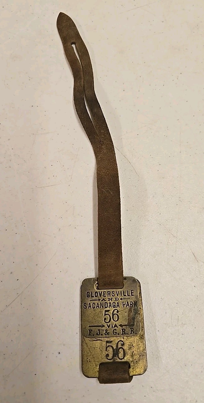 Antique 19C Fonda Johnstown Gloversville FJ&G Railroad Brass Luggage Tags 56