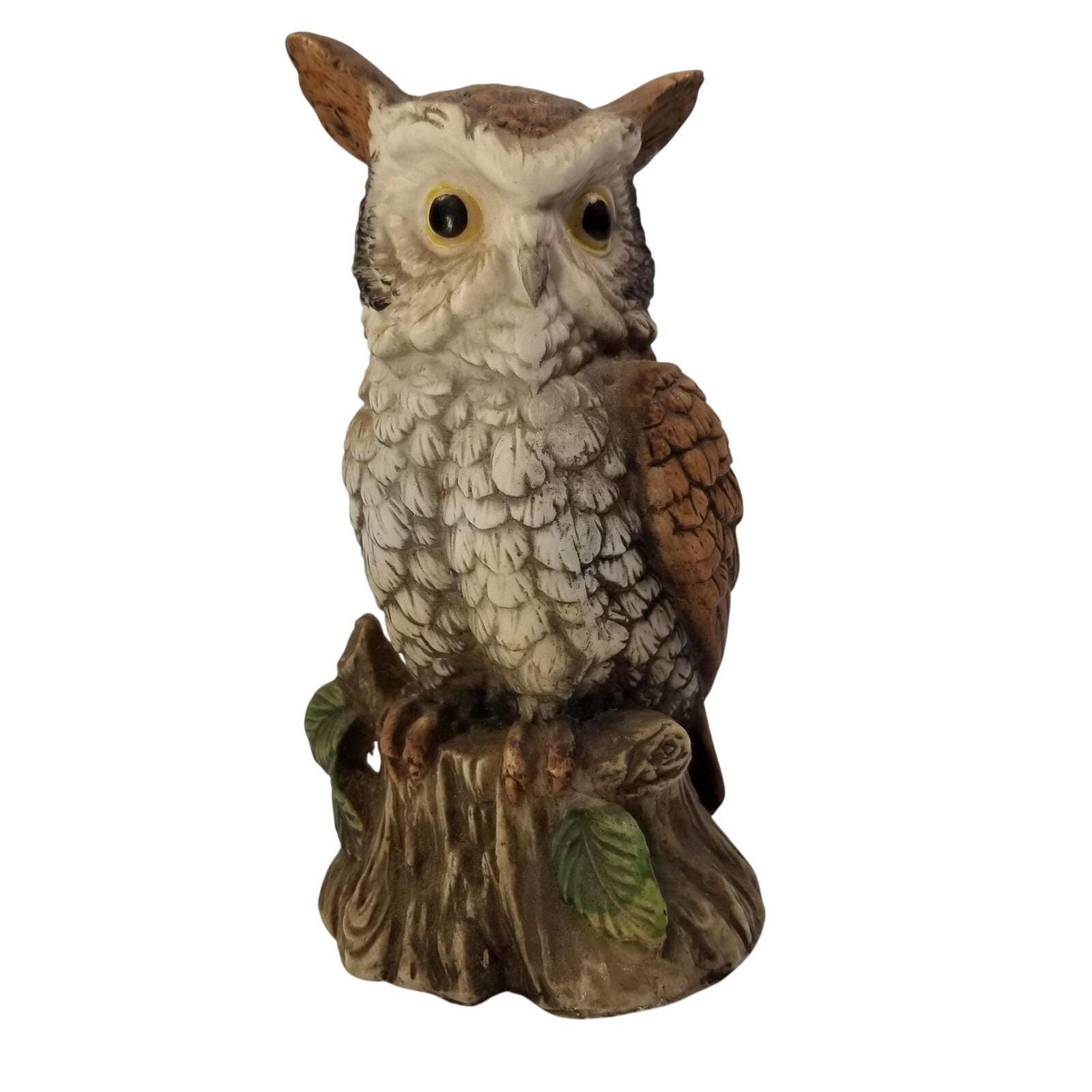 Vintage Ardco Porcelain Owl Figurine on Tree Stump Brown White 6.25\