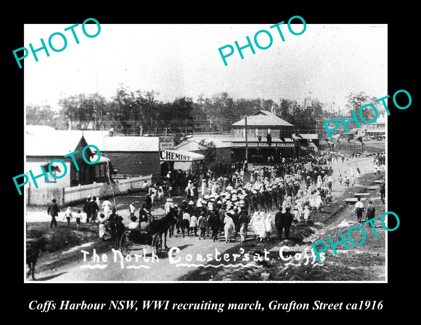 OLD LARGE HISTORIC PHOTO OF COFFS HARBOUR NSW, WWI RECRUITING MARCH, GRAFTON St OLD LARGE HISTORIC PHOTO OF COFFS HARBOUR NSW, WWI RECRUITING MARCH, GRAFTON St