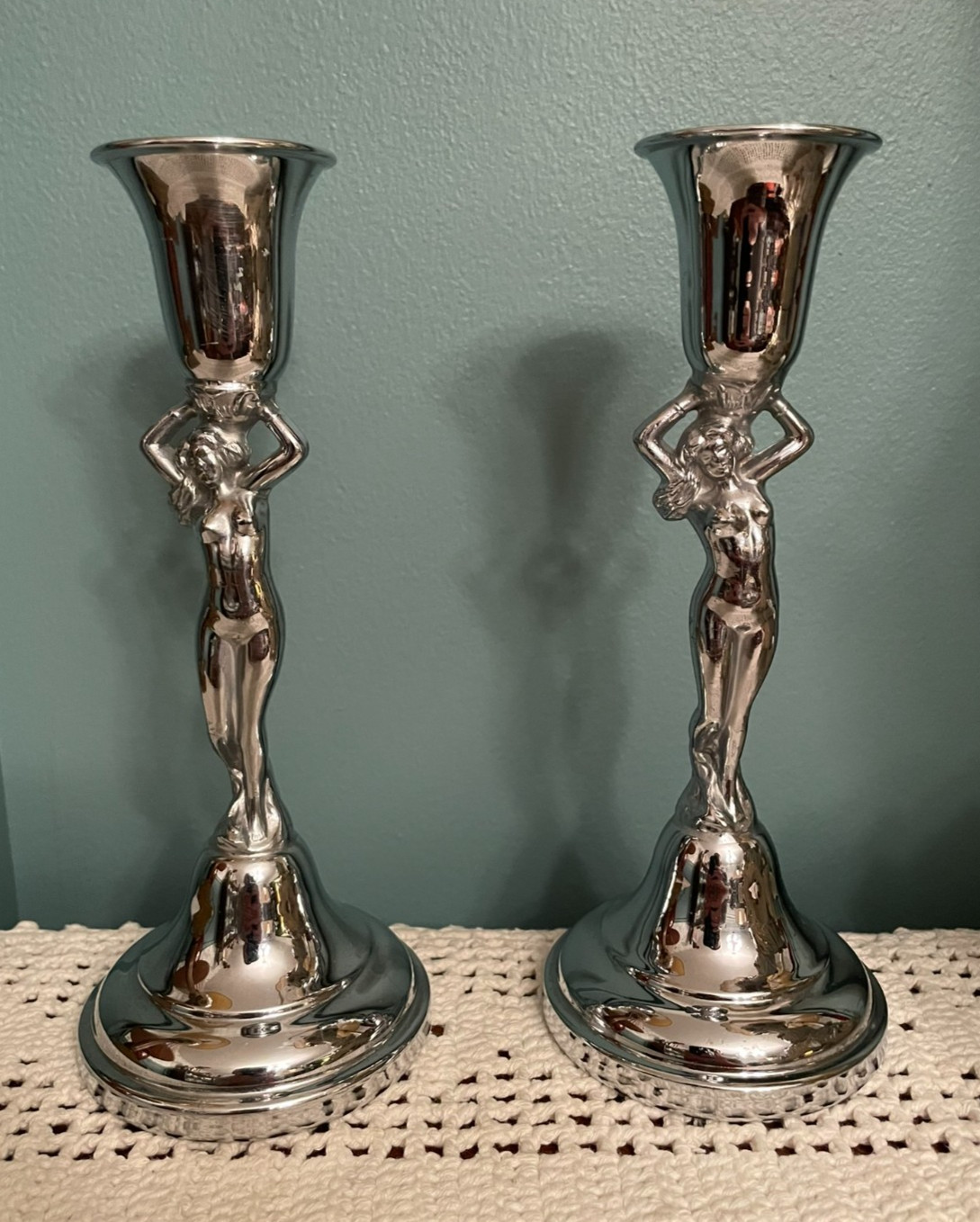 Vintage Farber Bros Krome Kraft Art Deco Nude Lady Candlesticks Pair 8.5\ Vintage Farber Bros Krome Kraft Art Deco Nude Lady Candlesticks Pair 8.5\