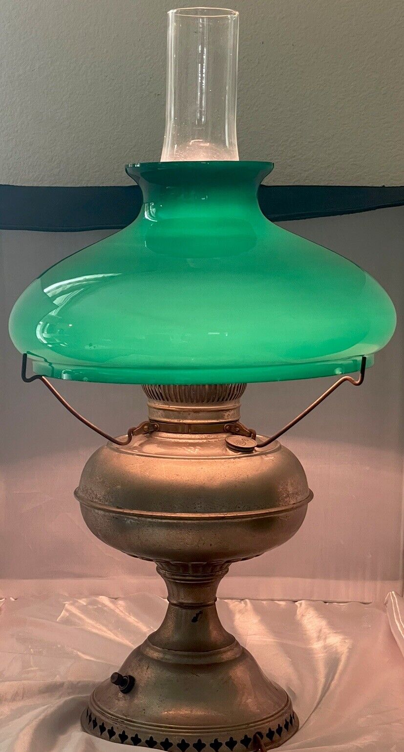 Antique Rayo Electrified Oil Lamp With Emerald Green Glass Melon Shade
