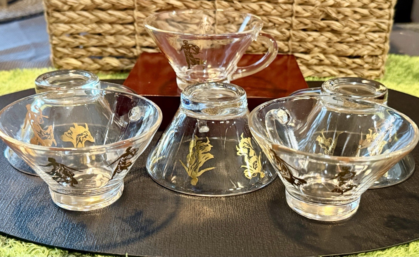 Vintage MCM Clear Glass Tea Cup 6 P Set Gold Orange Fired On Graphic Barware Cup