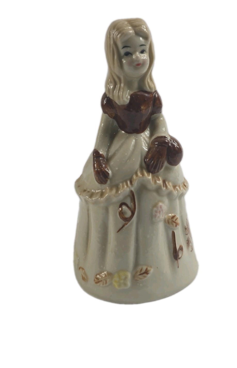 Porcelain Lady Girl Figurine Bell Cream Brown Floral Dress Collectible
