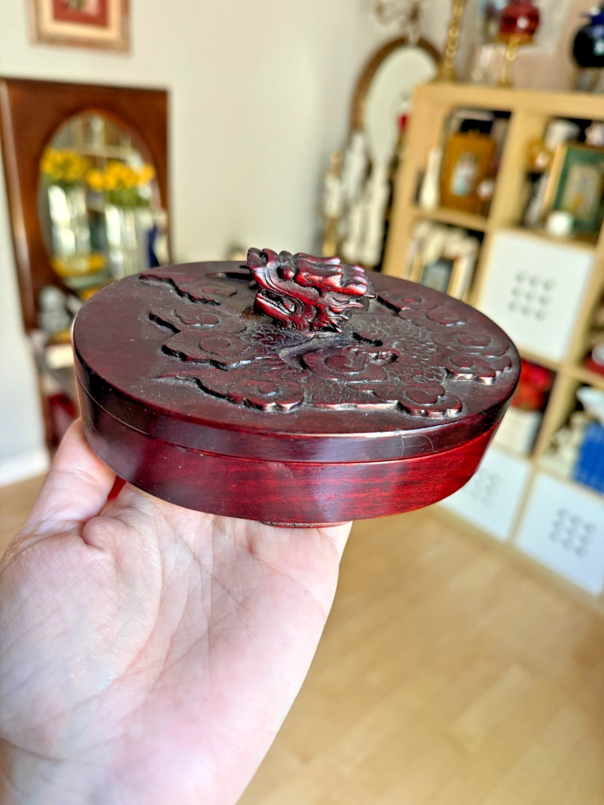Vintage Chinese Carved Wood Oval Trinket Box Dragon Cloud Motif Red Lacquer