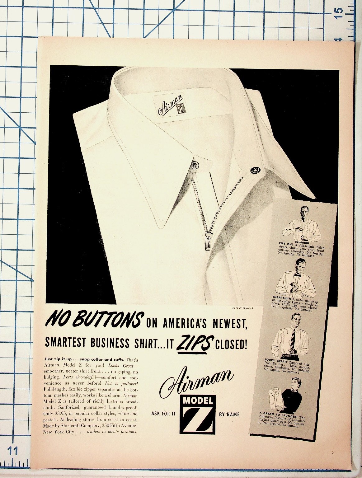 Vintage 1940s Airman Model Z Zipper Shirt Magazine Print Ad Men\'s Fashion NYC