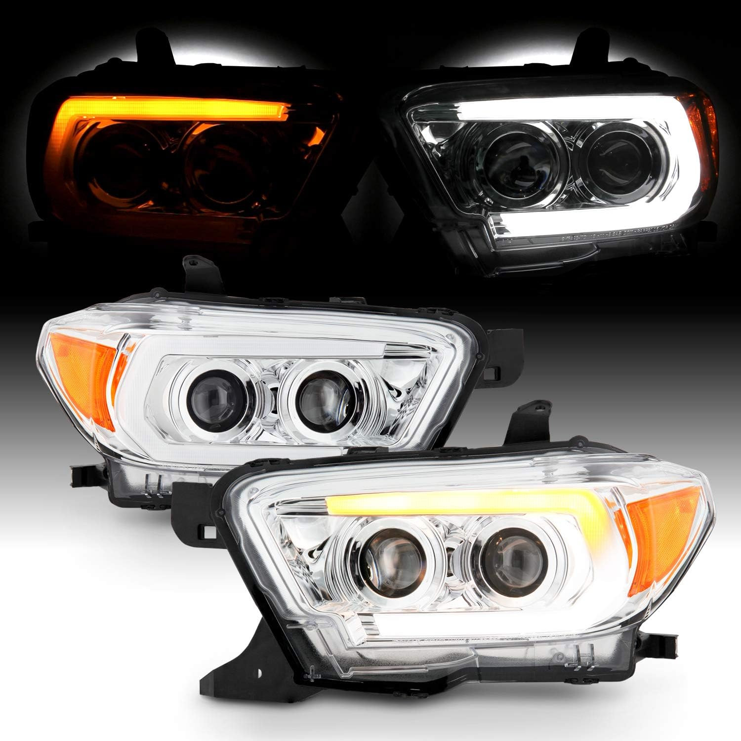 - Fits 2016-2022 Toyota Tacoma TRD Models LED DRL [C-Tube] Projector Chrome Head