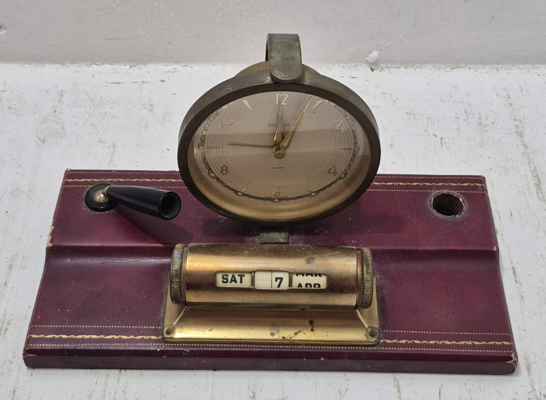 Vintage Orbros Adolf Jerger Germany Desk Clock Perpetual Calendar Caddy Holder