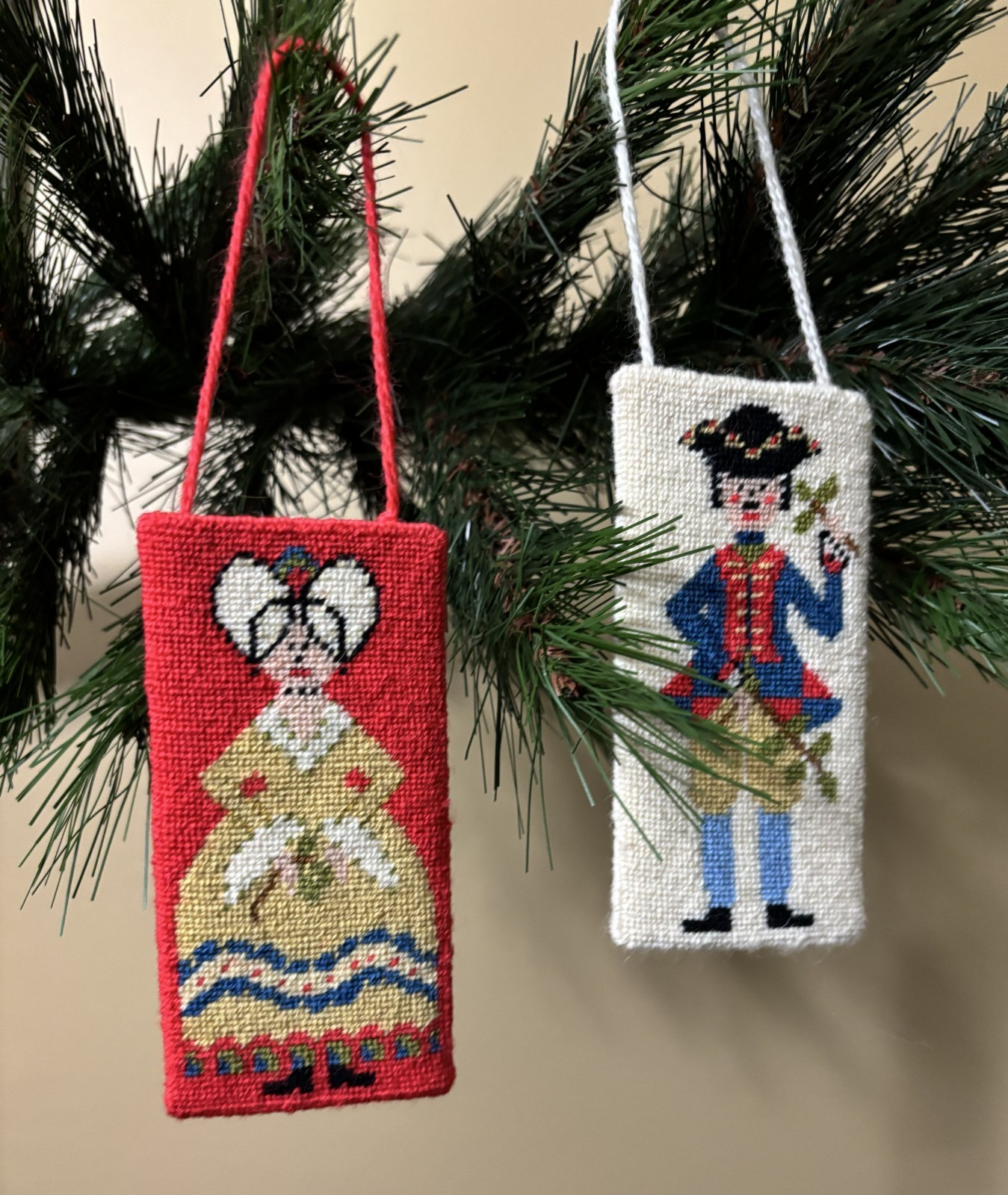 Vintage Handmade Needlepoint Christmas Ornaments - Colonial Couple - SET OF 2