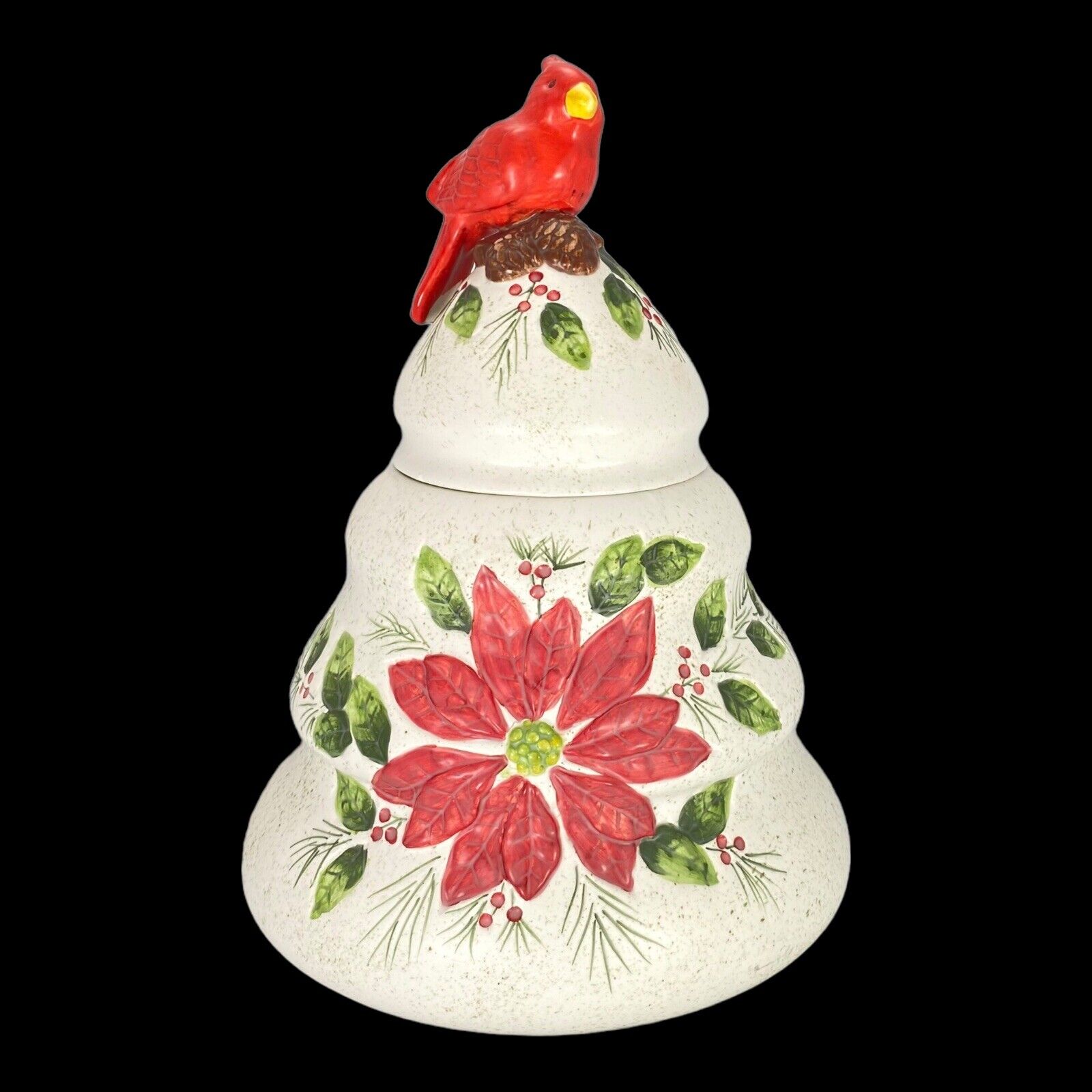 Holiday Cookie Jar Cardinal Poinsettia Centerpiece Christmas 13” Tall Chip Read