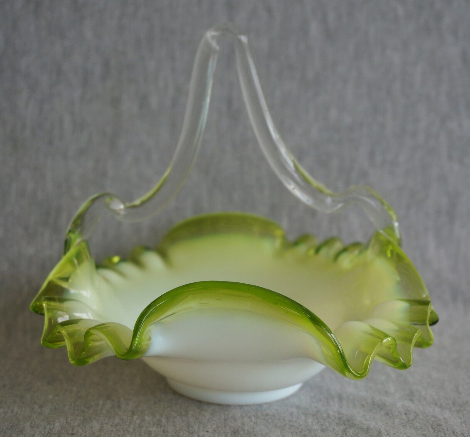 Green Cased RUFFLED Glass Victorian BASKET with PONTIL and Applied Handle