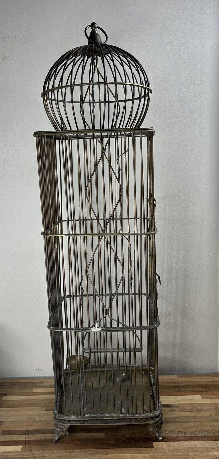 3 foot Hanging Antique Brass Wire Canary Bird Cage Gorgeous w/ Swing, Feed Bowls