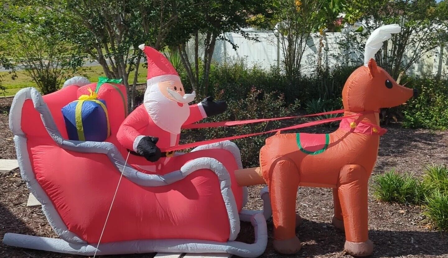 Gemmy 8ft Long Reindeer & Santa Sleigh Christmas Airblown Inflatable No Lights