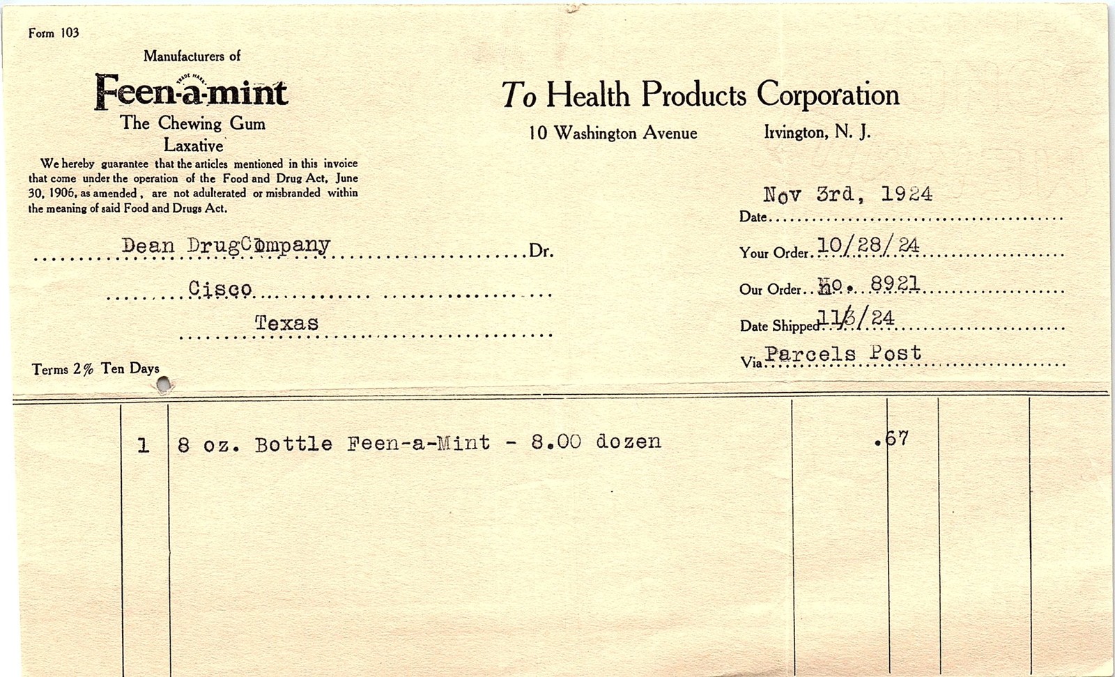 1924 Feen-a-mint chewing gum laxative billhead