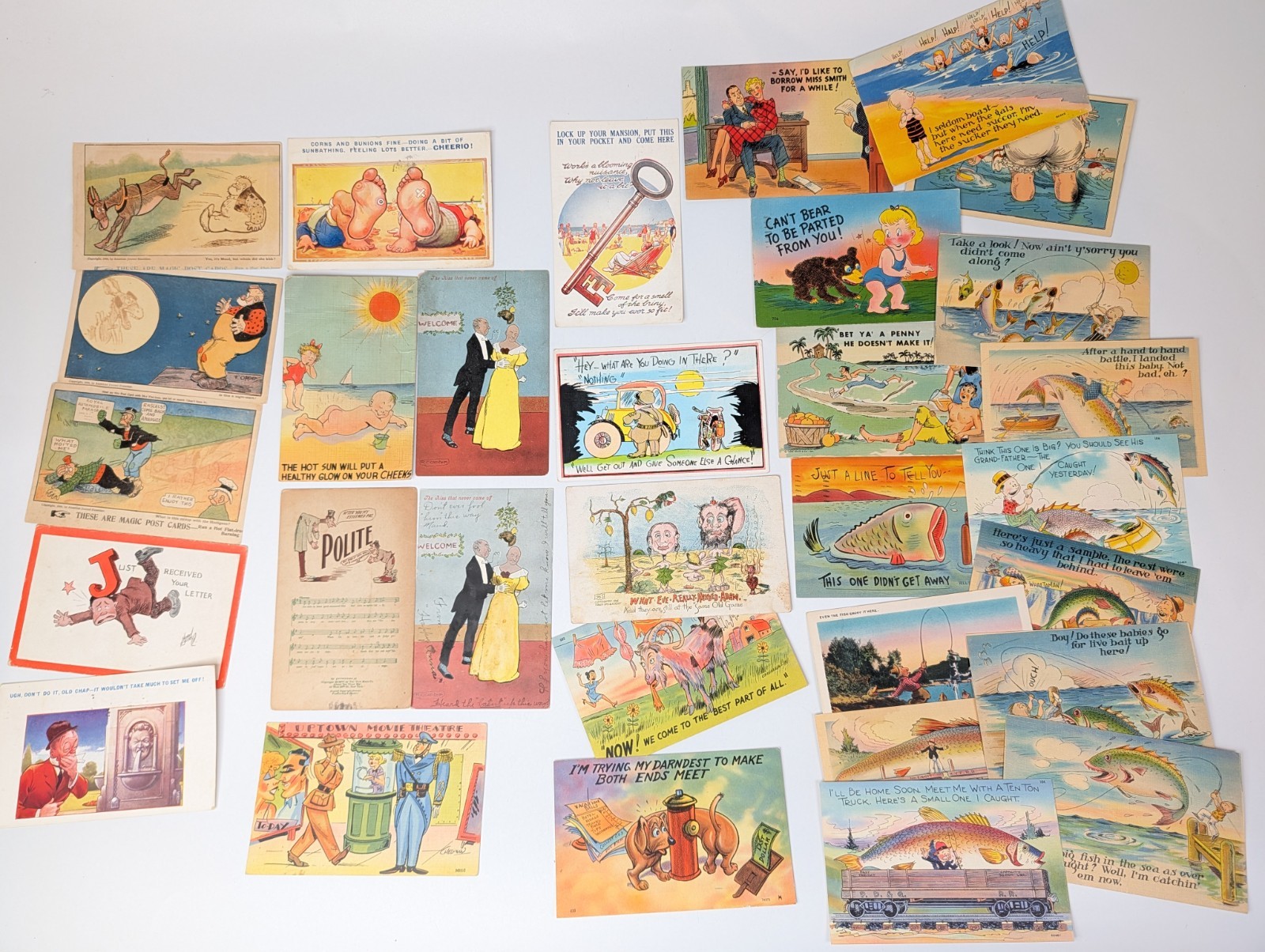 Lot 31 Vintage Comic Postcards Fishing Tall Tale Linen Opper Magic Iron