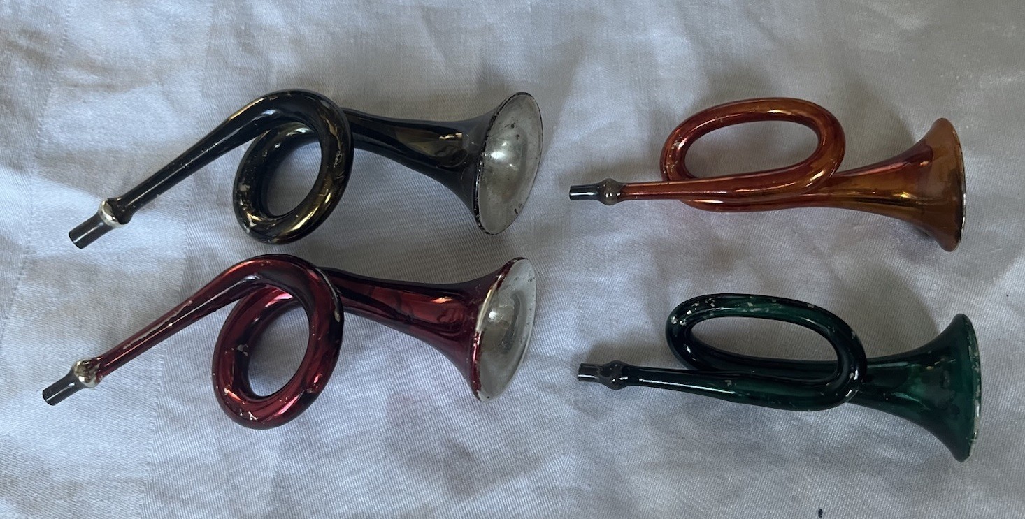 Lot 4 ANTIQUE VTG Blown Glass FRENCH HORN TROMBONE Christmas Ornaments Germany