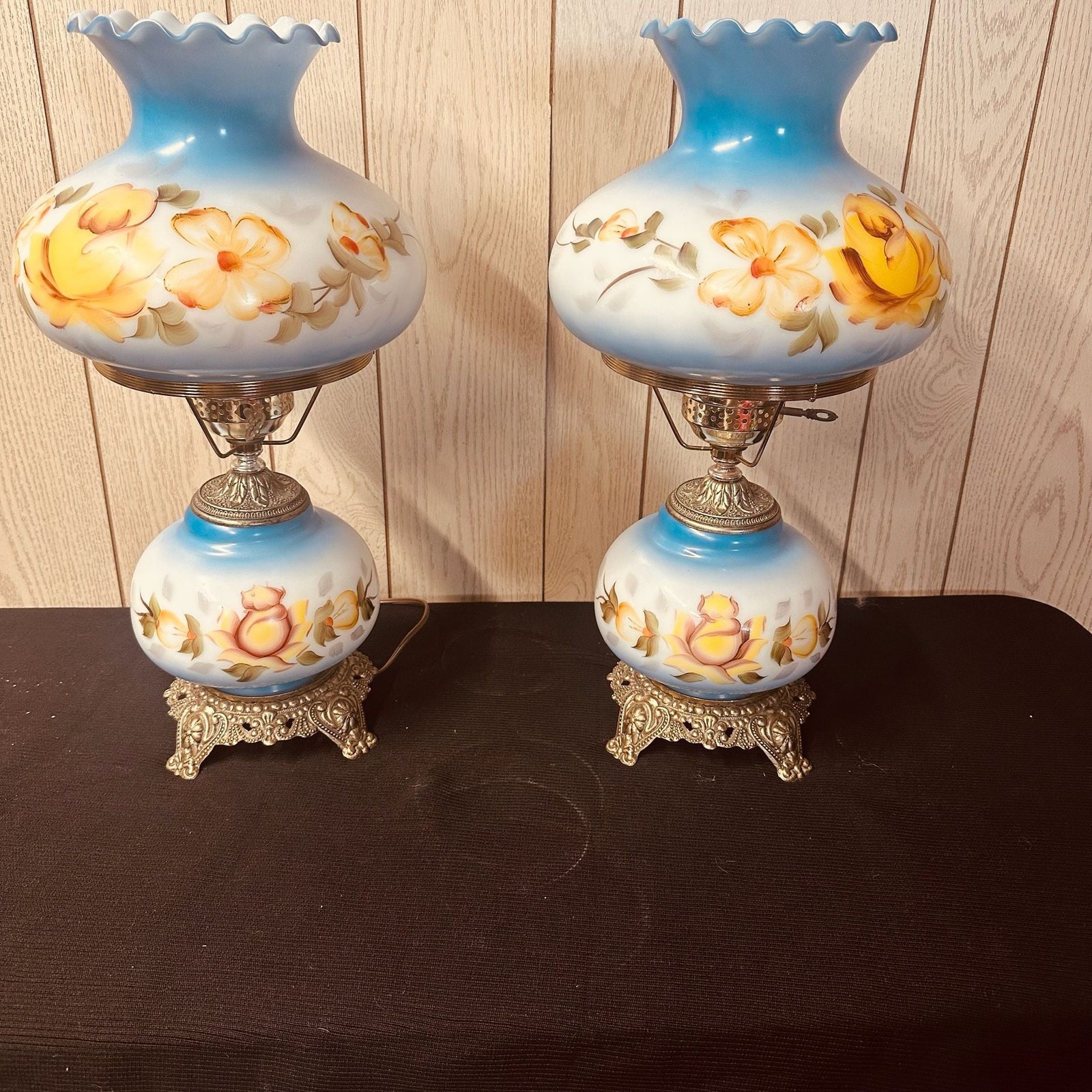 Vintage Pair of Blue Hand Painted Floral GWTW Hurricane Lamps
