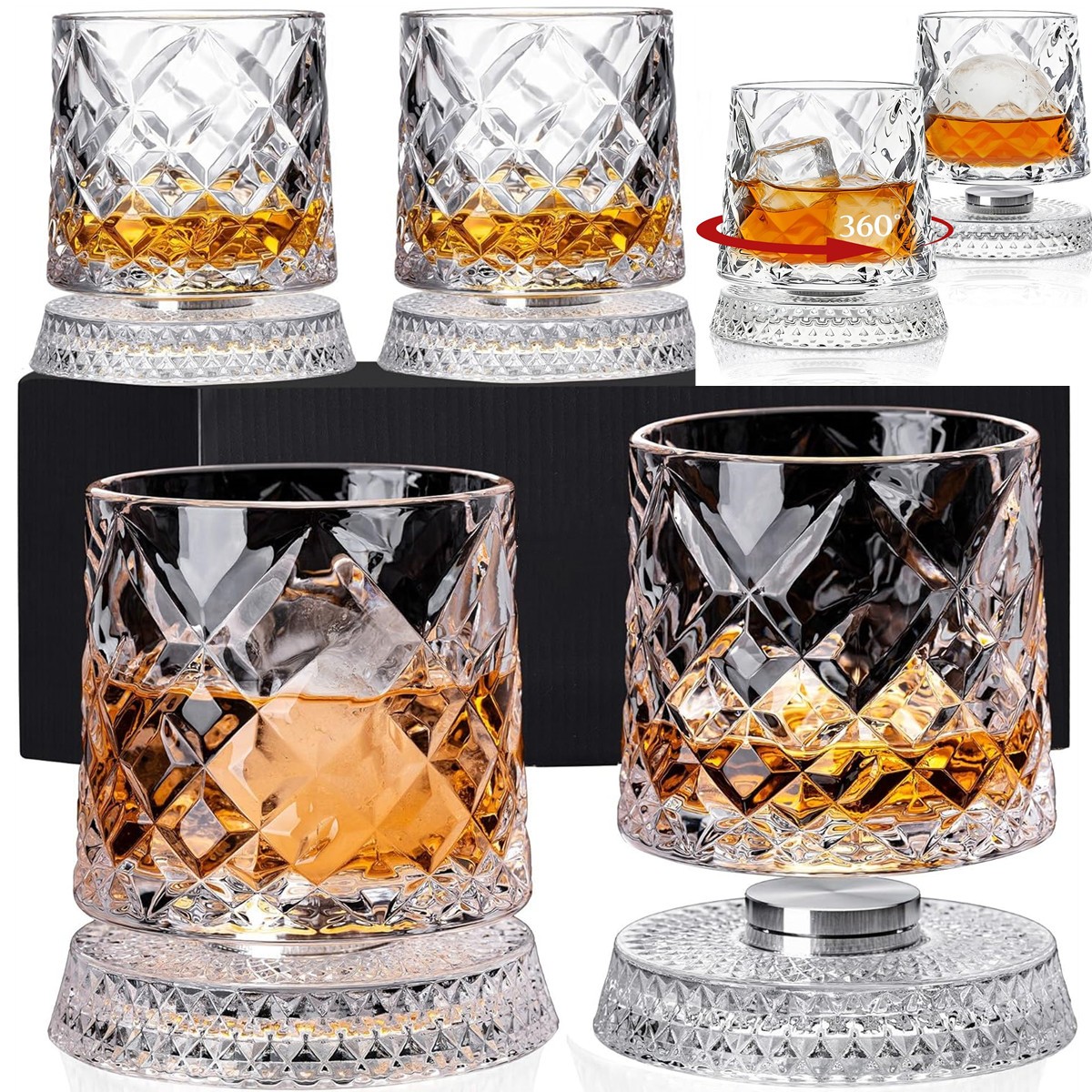 4PCS Set Spinning Whiskey Glasses Lead-free 360° Rotating 9oz For Father's Gift