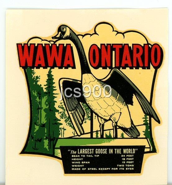 VINTAGE WAWA ONTARIO CANADA GOOSE STATUE SOUVENIR TRAVEL WATER TRANSFER DECAL