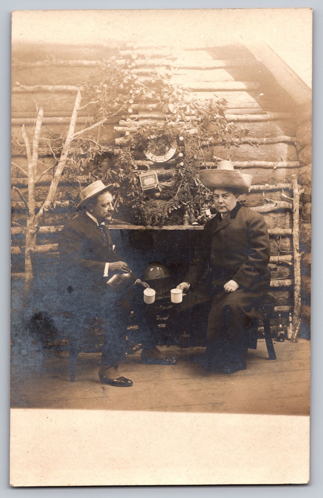 RPPC Log Cabin Maple Syrup Advertising Rustic Exhibit People c1905 Postcard