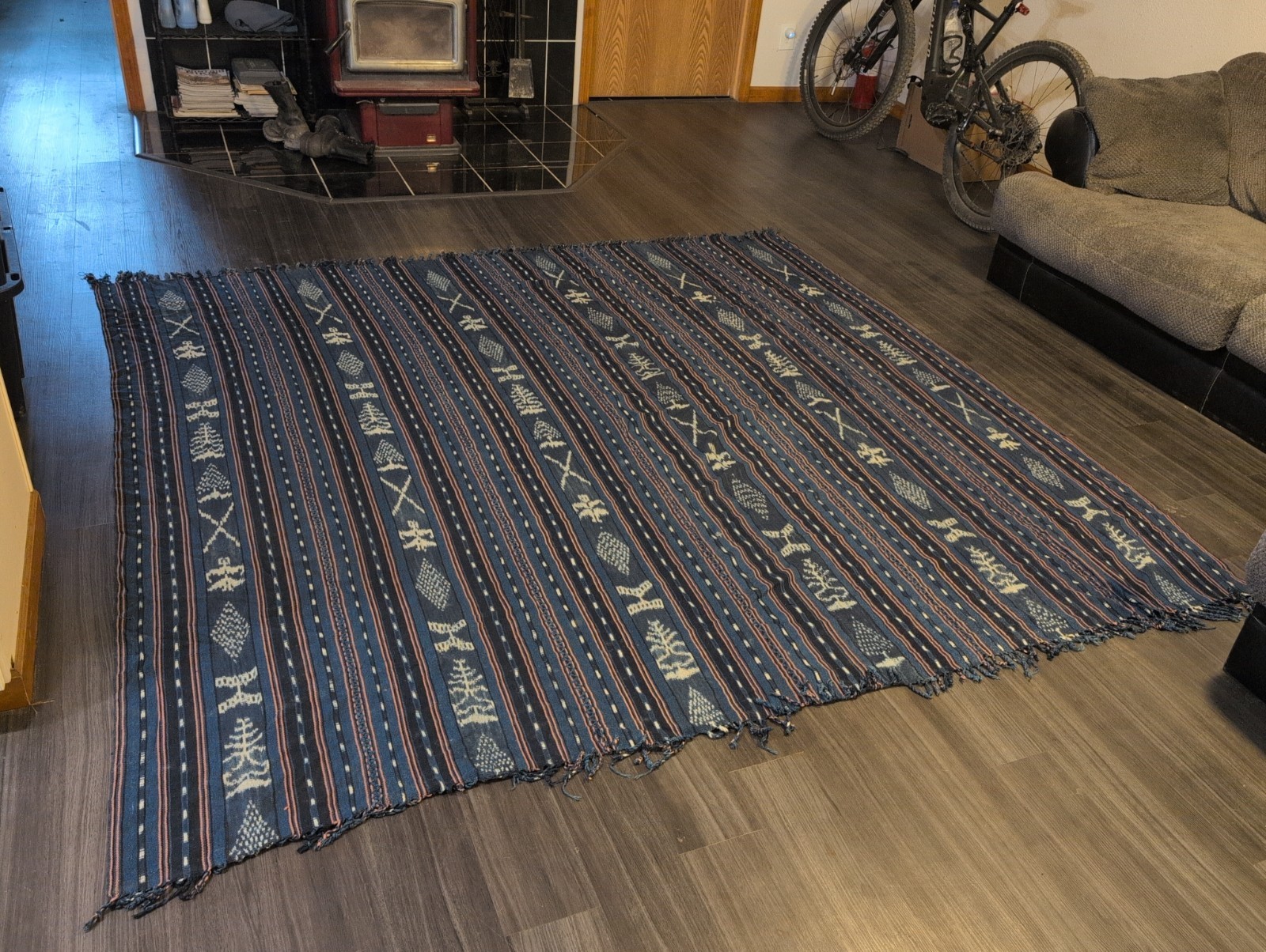 Huge 87x89 Vintage Handwoven Indonesian Ikat Blanket Indigo Hinggi Multi-Panel