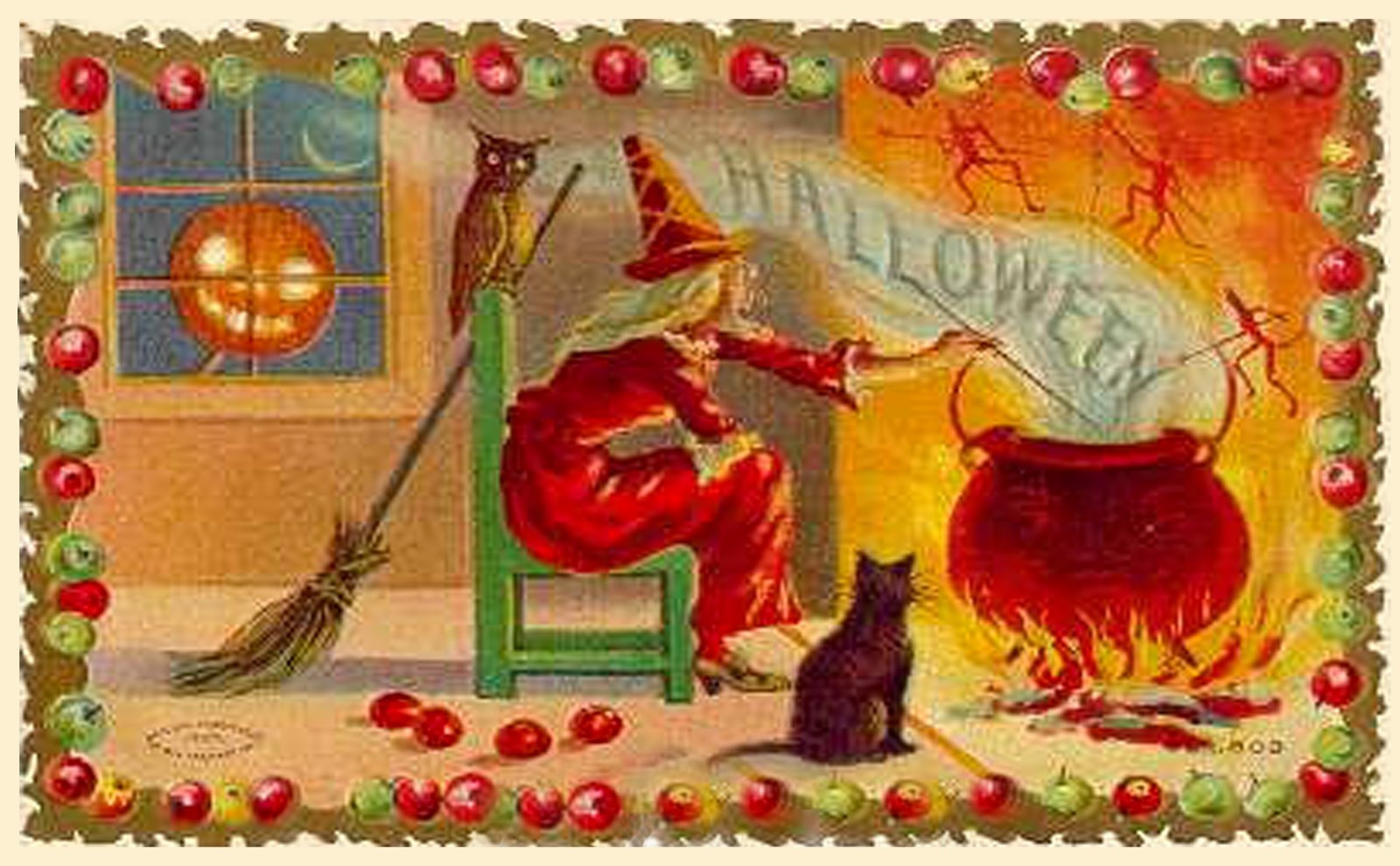 Halloween ~ Witch Stirring Up A Potion Cat and Owl Postcard COPY #19970