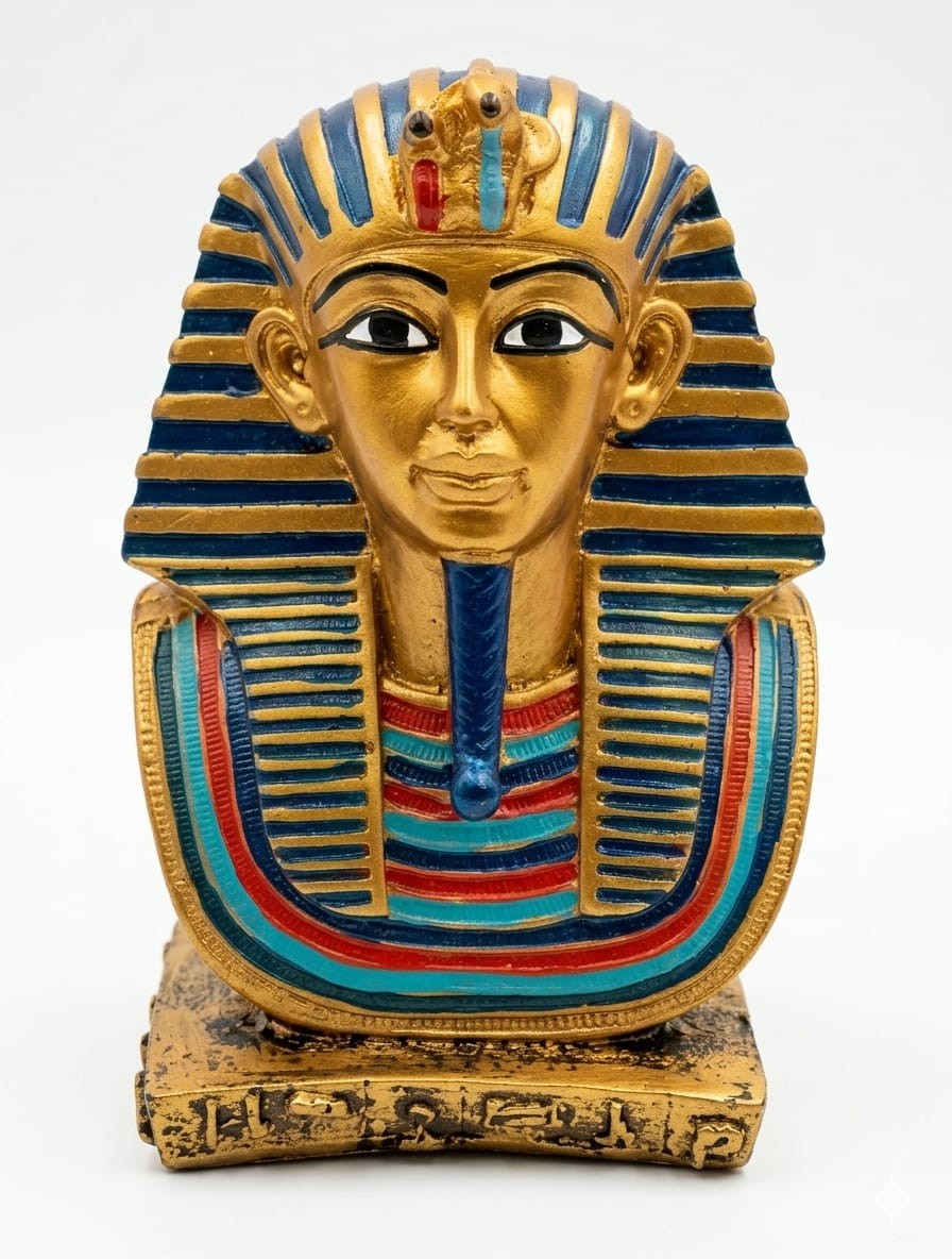 Handmade Egyptian King Tut Bust - Hand Carved Natural Wood Statue - 16cm / 583g