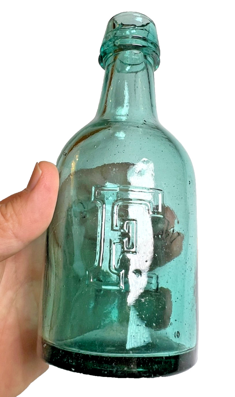 W. FULTON PHILA Antique Soda Bottle Teal Double Applied Top Lip Dyottville Glass
