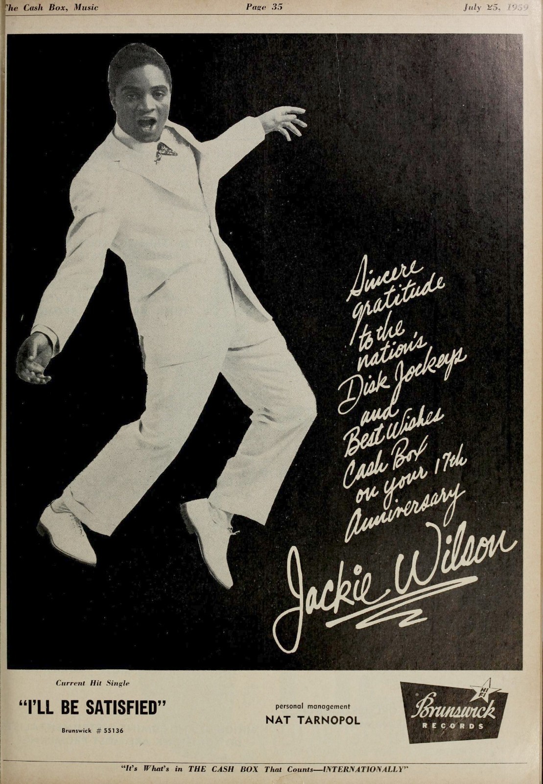 JACKIE WILSON - 1959 Singer Music Ad - 5 x 7 inch Photo
