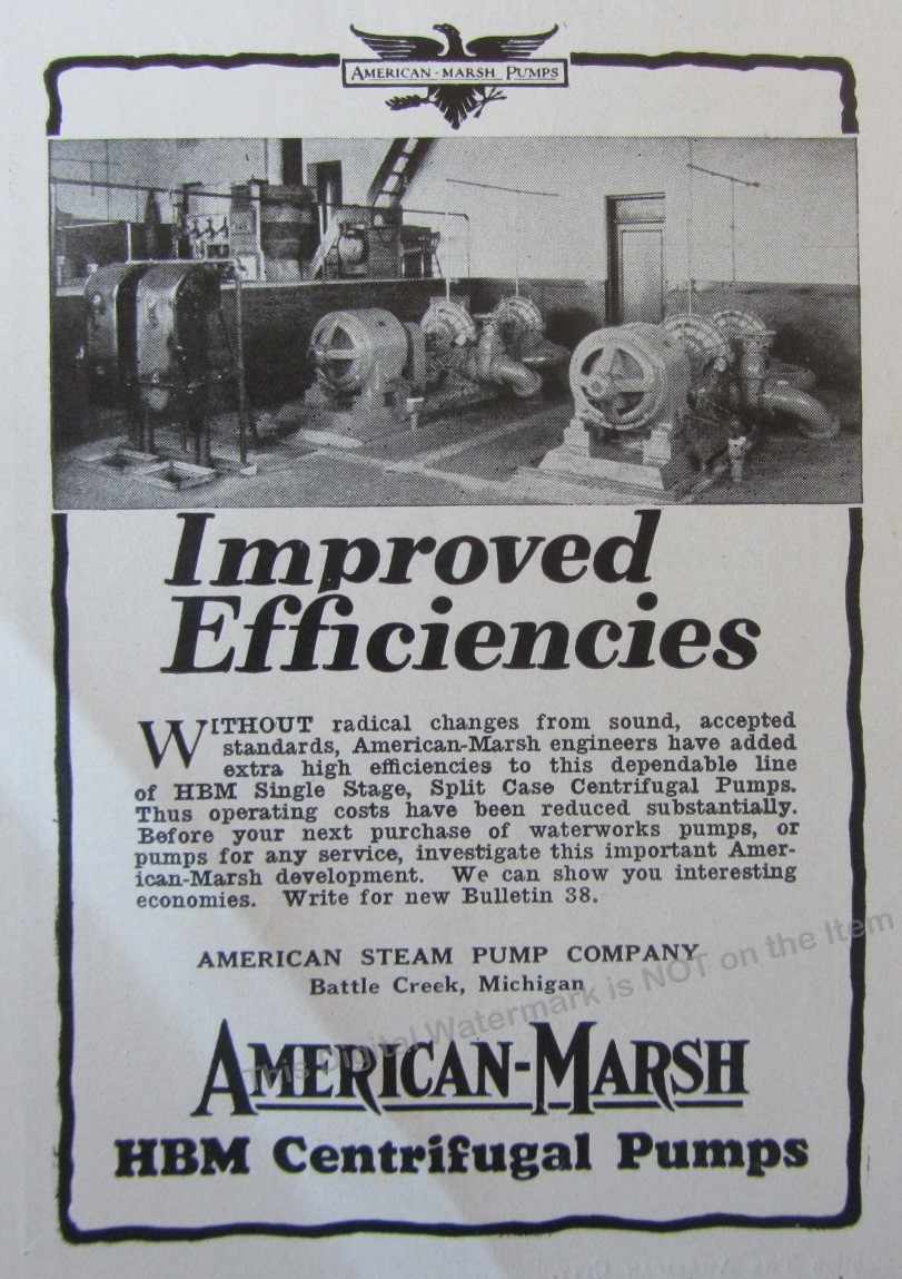 1928 Ad * American Marsh HBM Centrifugal Water Pumps Municipal Efficiencies