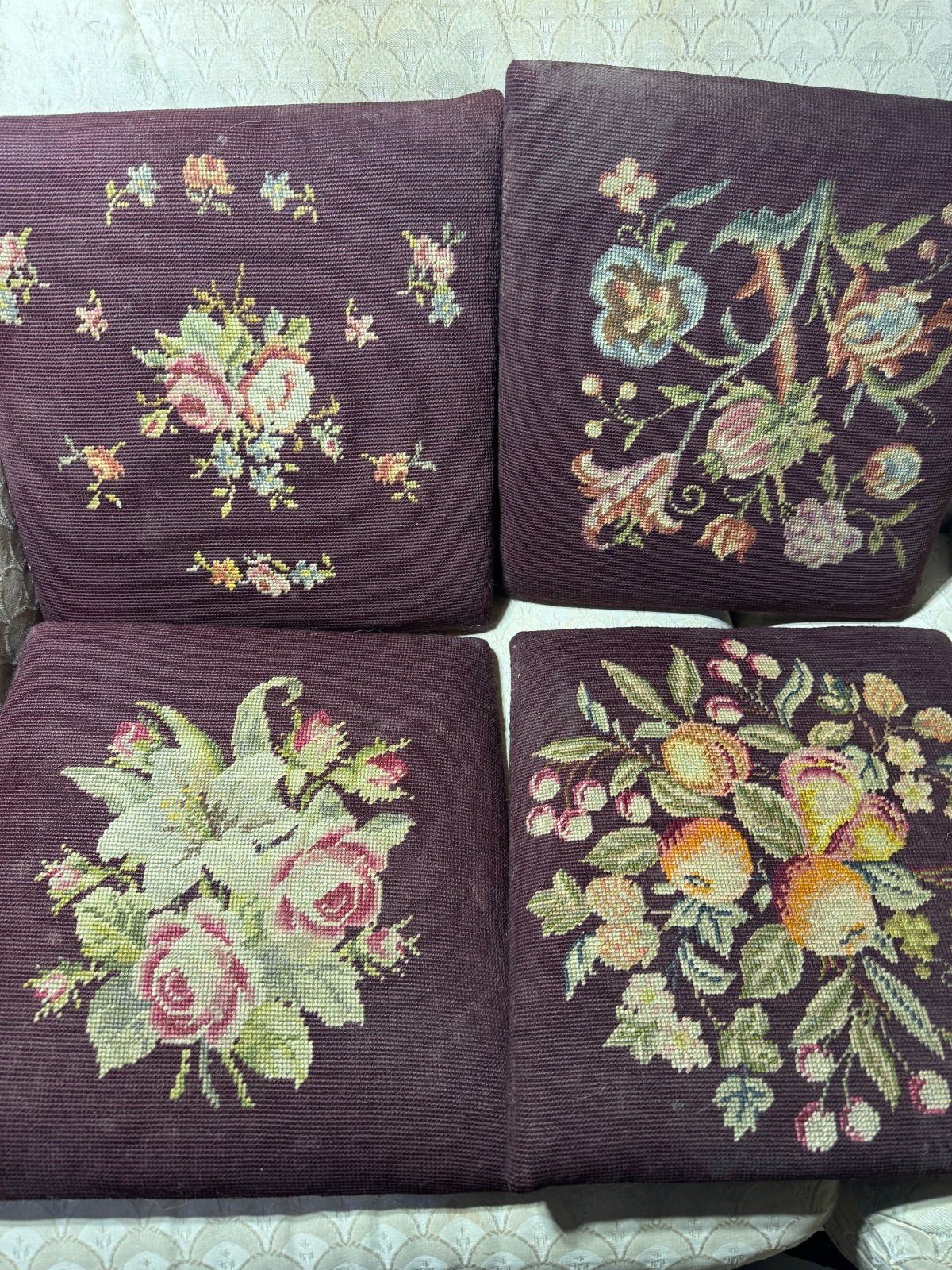 1930\'s Set of 4 Needlepoint Cotton Felt Seat Cushion - PA Labor & Industry Tag