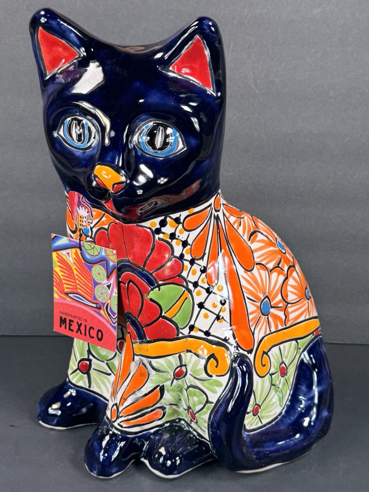 Large 14.5 Inch Mexican Talavera Cat Figurine Hand Painted Folk Art Decor
