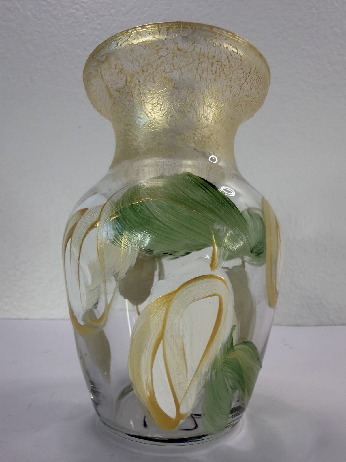 Vintage Hand Painted Art Glass Vase Signed Cala Lily Floral Gold Foil Rim 7\