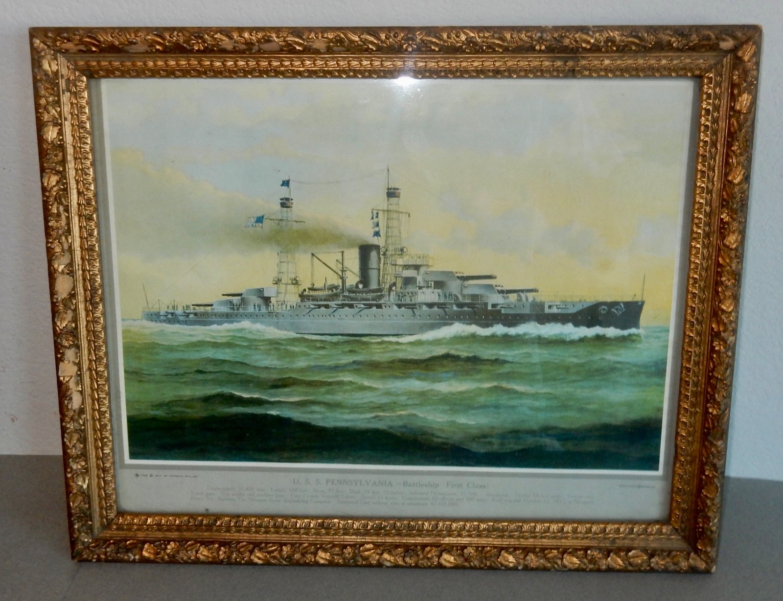 Original 1913 Enrique Muller USS Pennsylvania US Navy Battleship-Color Litho