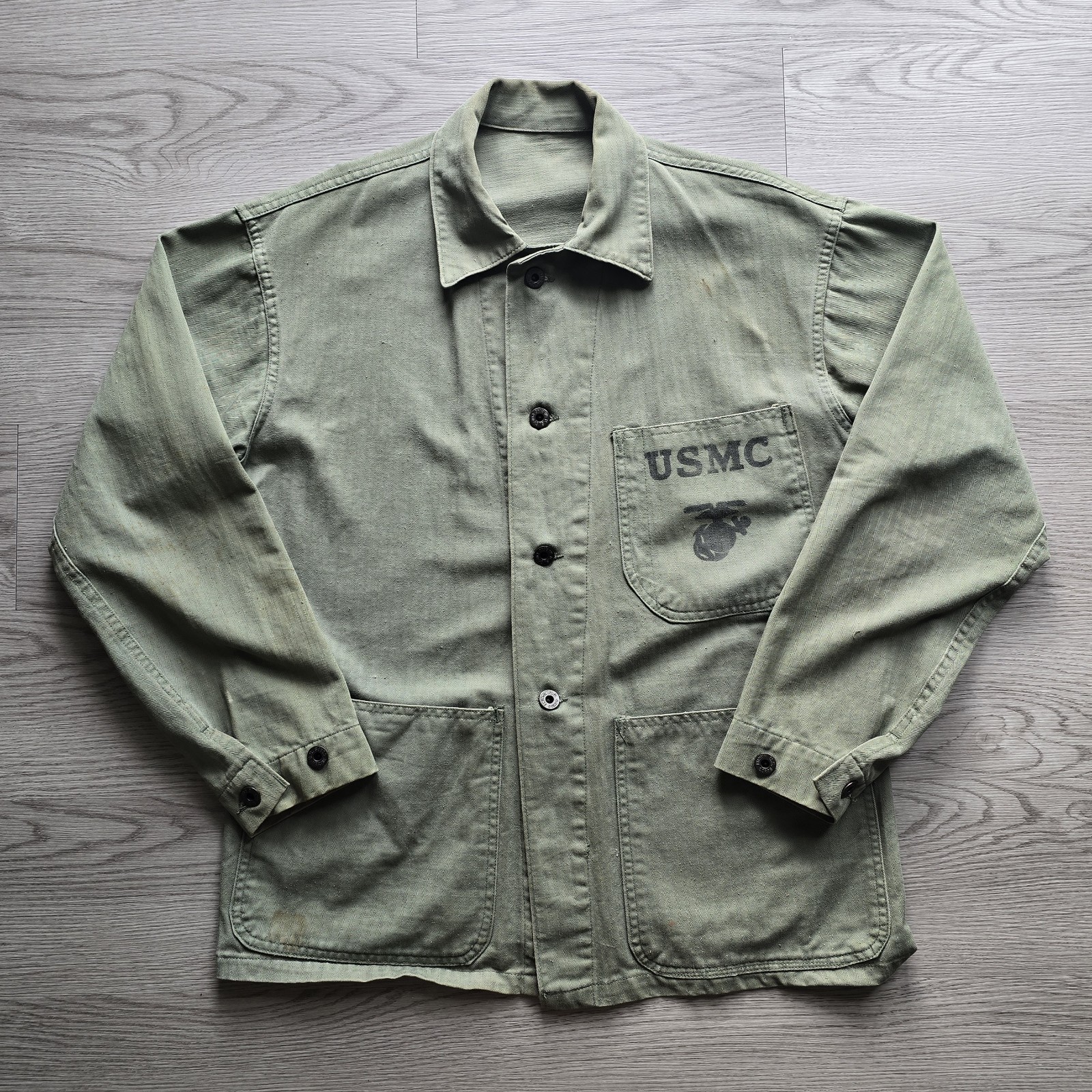 WWII USMC 1940s P41 HBT Herringbone Utility Shirt Jacket Metal Buttons Med Large