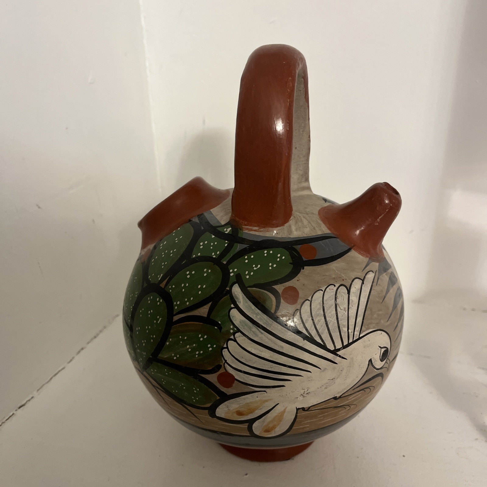 Mexico Tonala Ware Botijo Cantir WaterJug HandPainted Ferns Flowers Double Spout