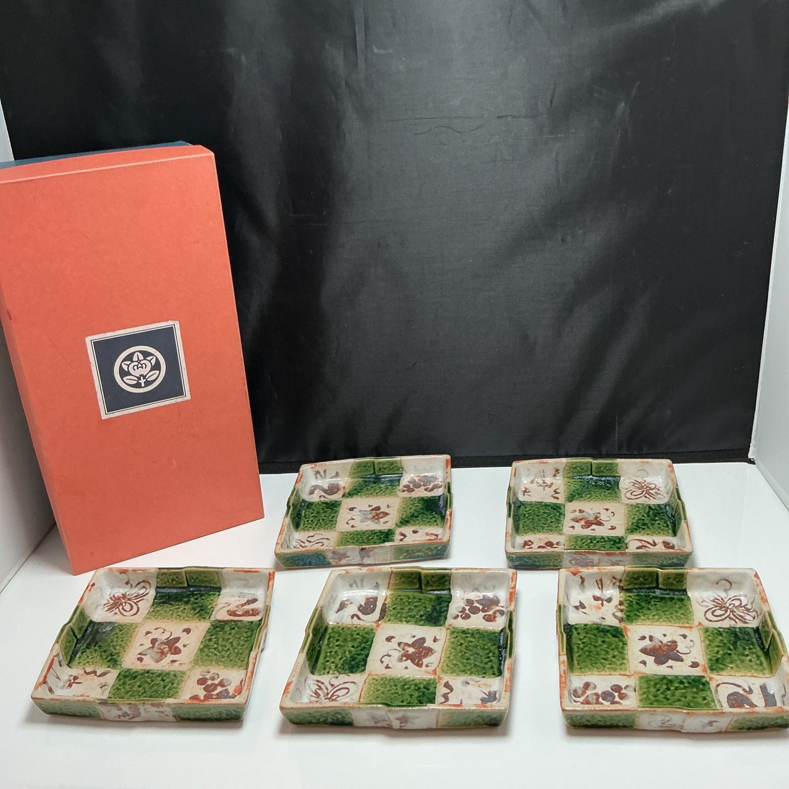 Vintage Tachikichi Seto Ware 5pc Plate Set Ichimatsu Oribe Shino Checkered W.box