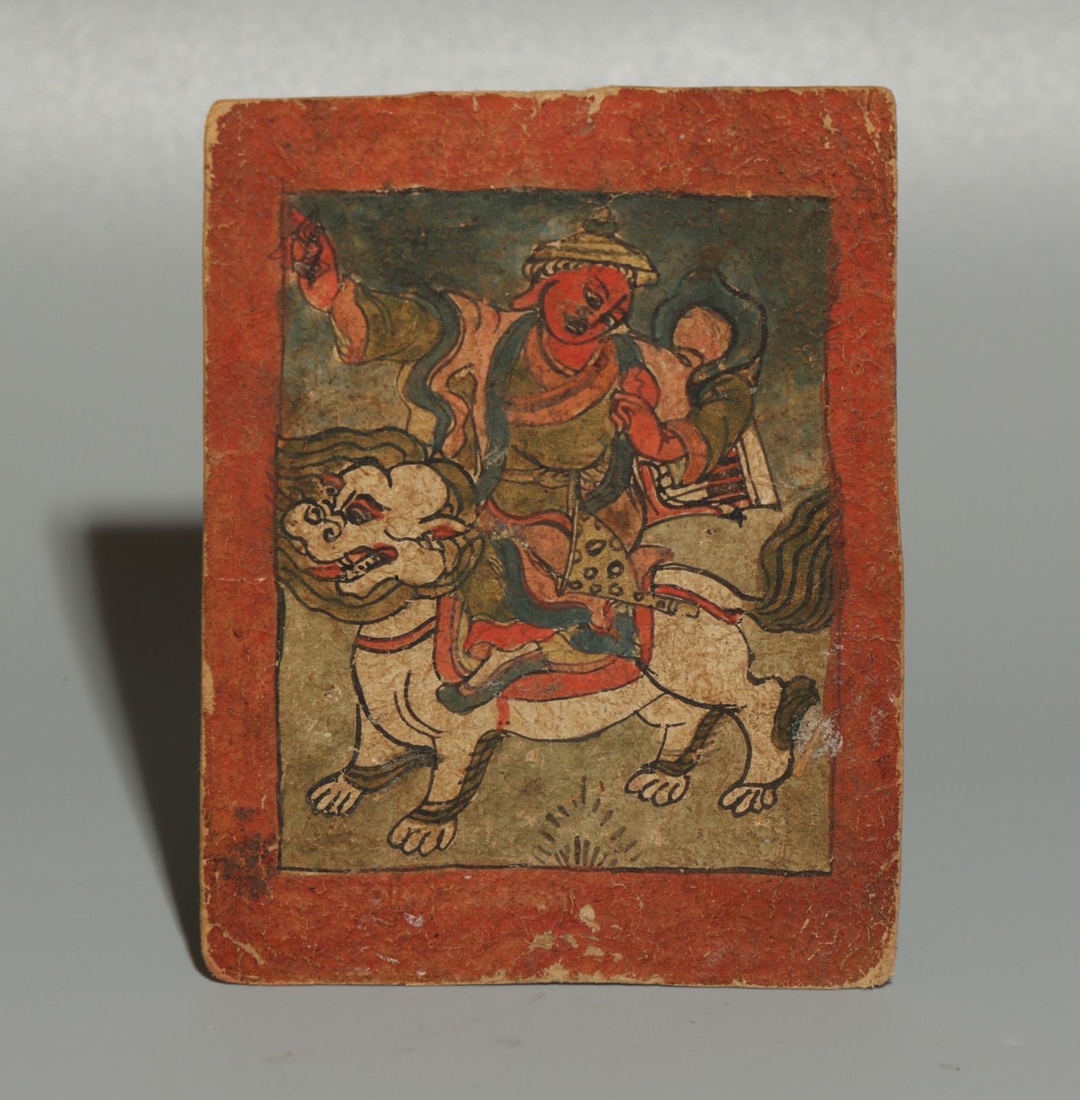 Real Tibet 1800s Antique Buddhist Paper Tsaklis Thangka Dharmapala Riding A Lion