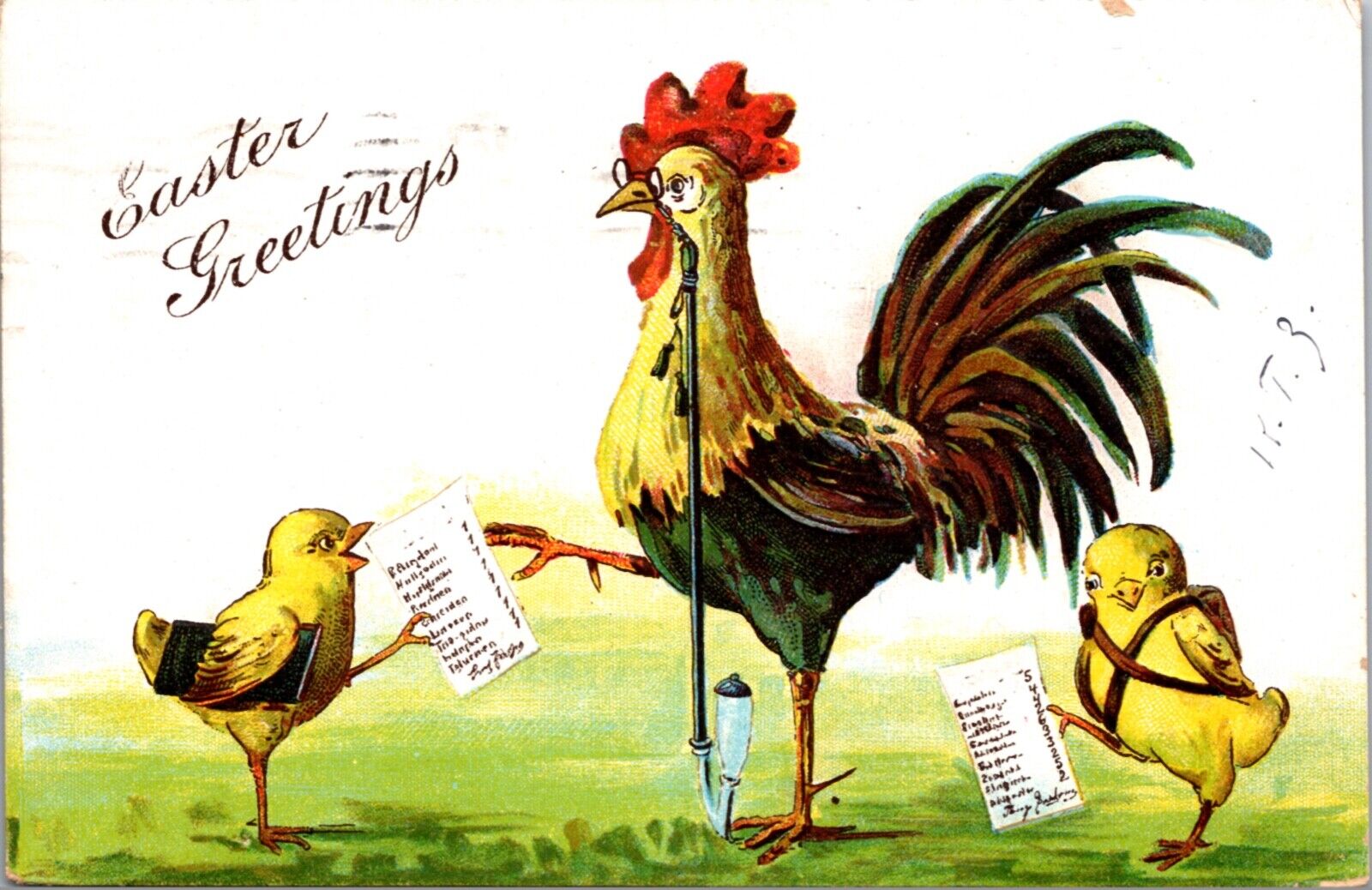 Easter Postcard Rooster Wearing Glass Smoking Pipe Chicks with List Books Pack