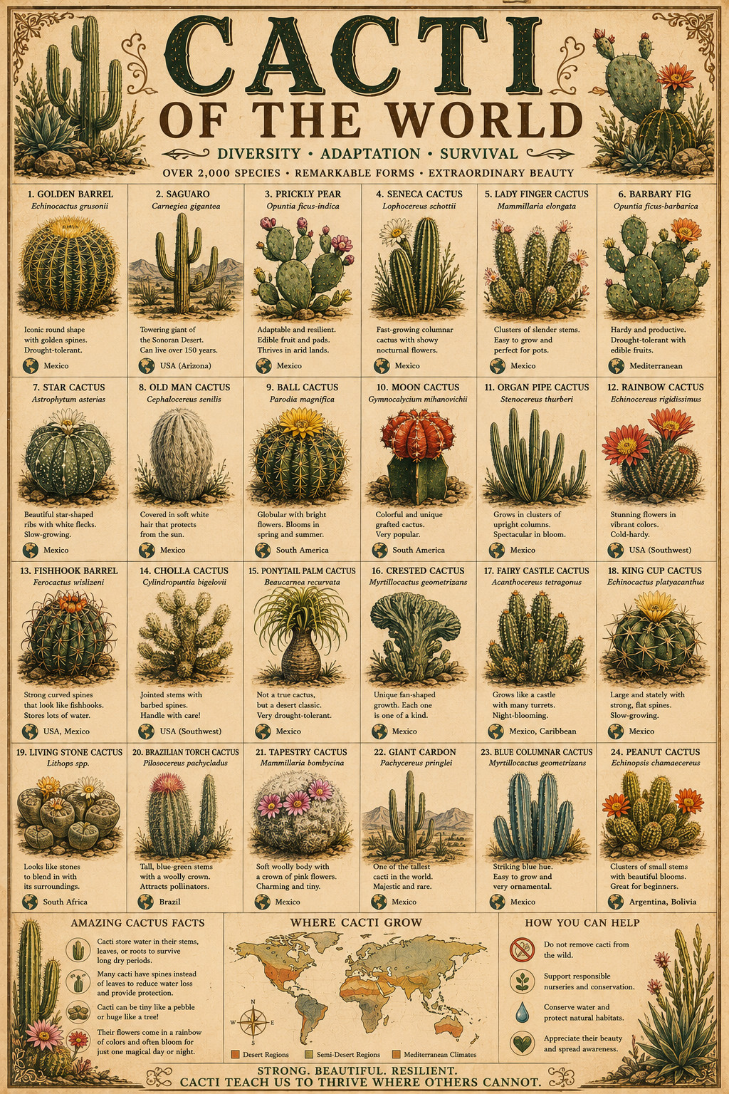 Cacti of the World Poster 13x19 – Vintage Cactus Species Botanical
