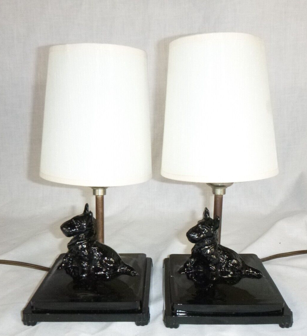 Pr Vtg Small Black Glass Boudoir Lamps Scottie Dogs Scottish Terriers 6