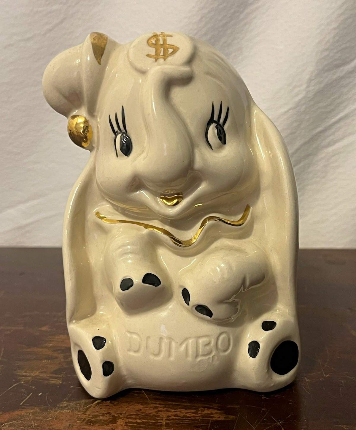 1940s Walt Disney Dumbo Ceramic Coin Piggy Bank White with Gold Accents