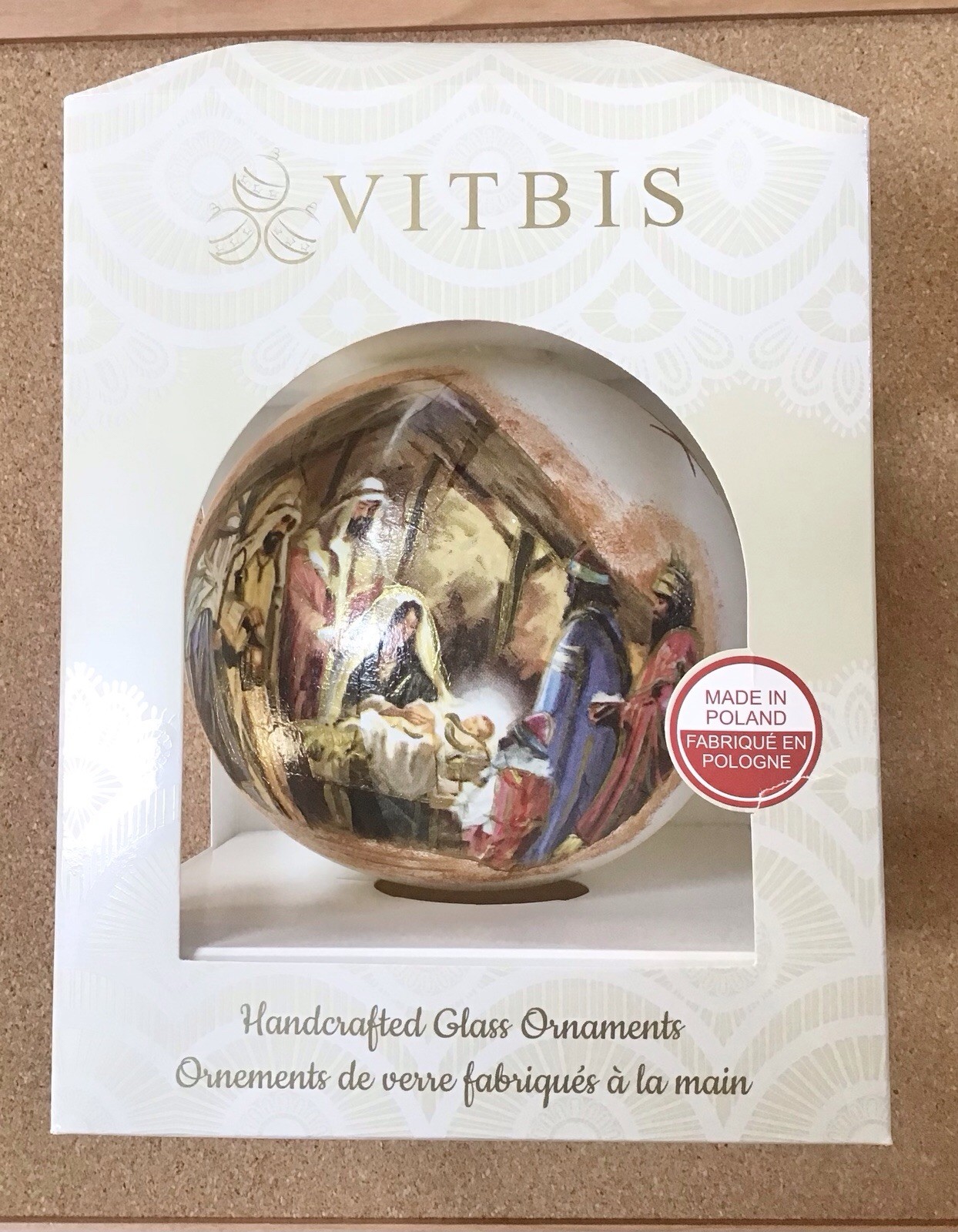 Vitbis Poland Christmas Ornament Hand Painted Glass Nativity Scene NIB 5.5\
