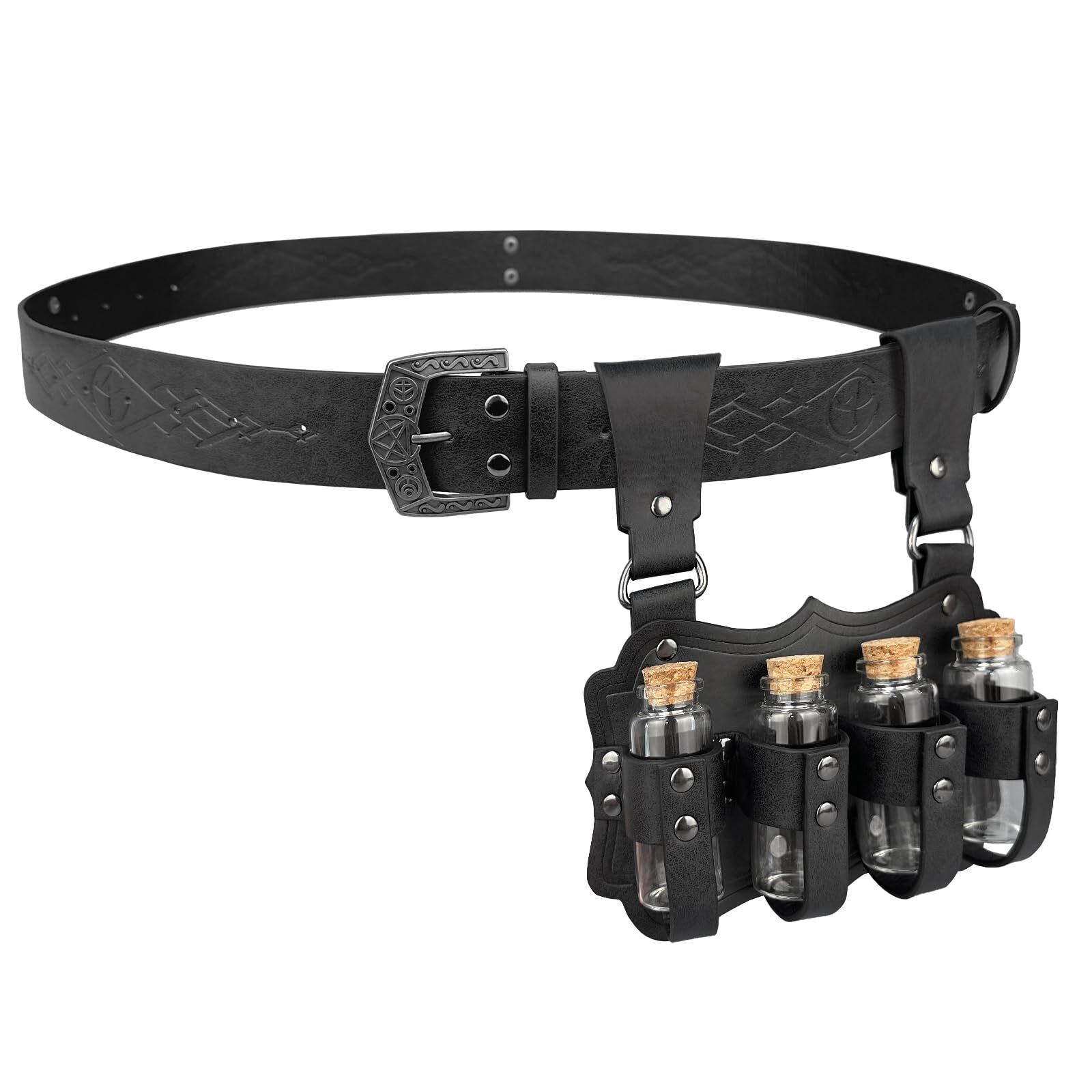 Medieval Embossed Alchemy Faux Leather Buckle Belt with 4 Cork Vials, Fantasy