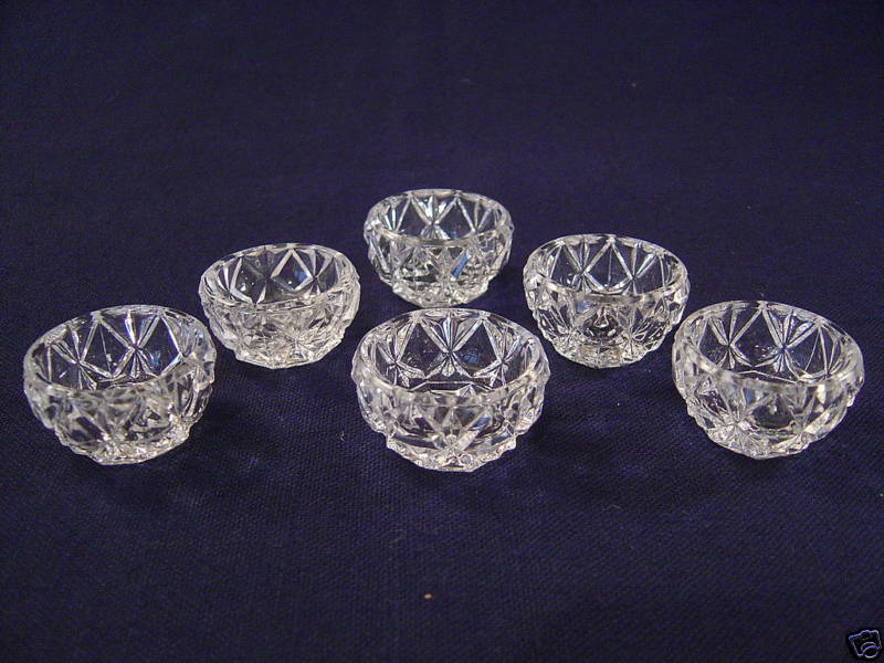 OPEN CRYSTAL SALTS PRESSED GLASS SET OF 6 INDIVIDUAL